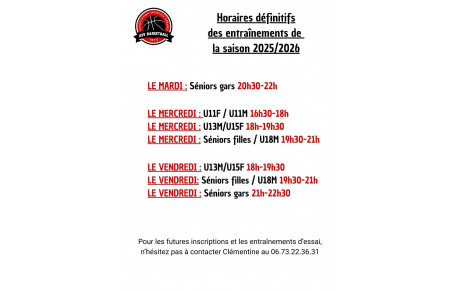 Horaires définitifs saison 2025/2026 🖤❤️