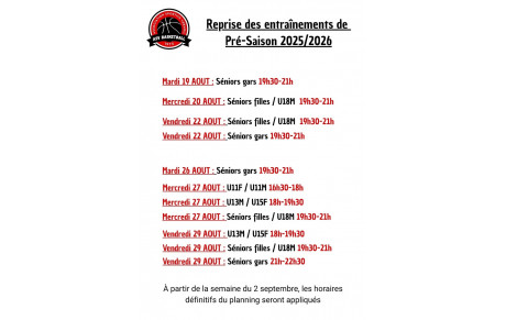 Horaires reprise saison 2025/2026🖤❤️